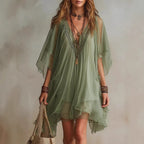 Women's V-Neck Chiffon Batwing Sleeve Boho Resort Dress