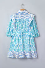 Boho Geometric Patchwork Ruffle Puff Sleeve Dress